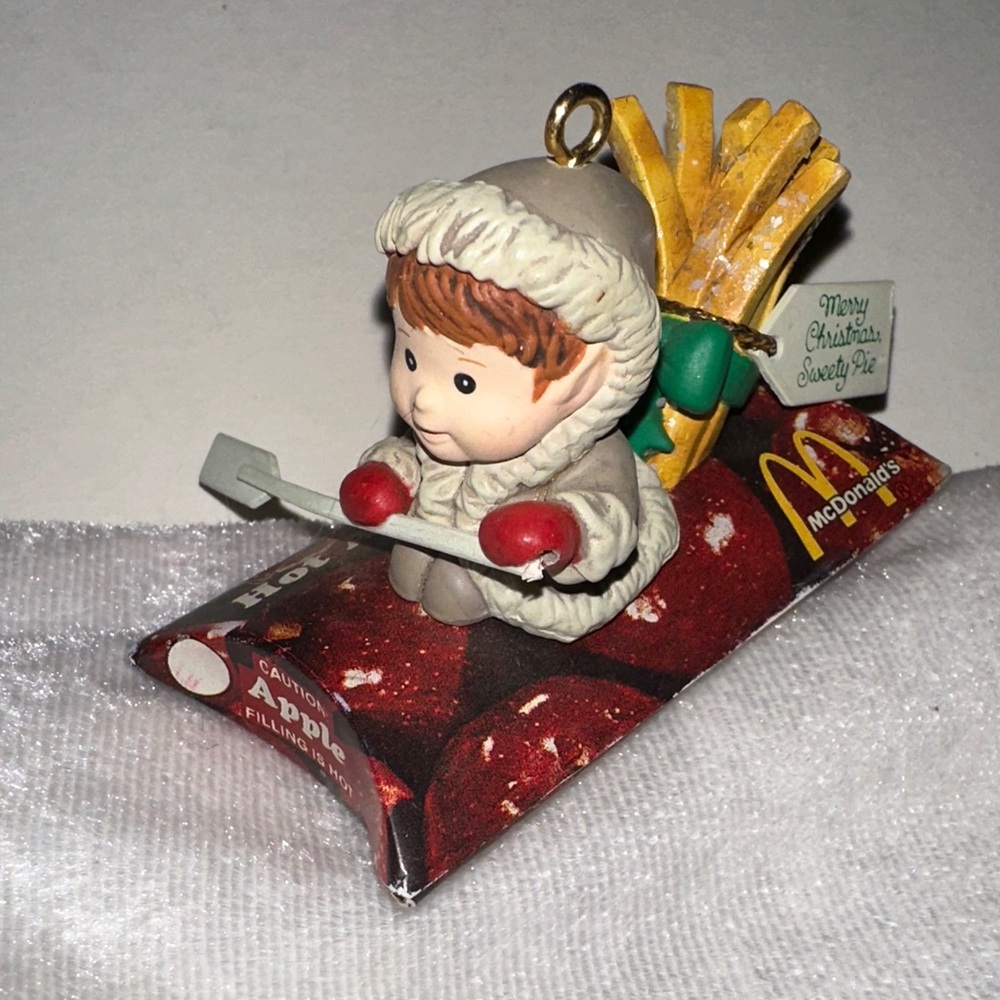 Vintage McDonald's Holiday Ornament with Elf on a Hot Apple Pie Sled